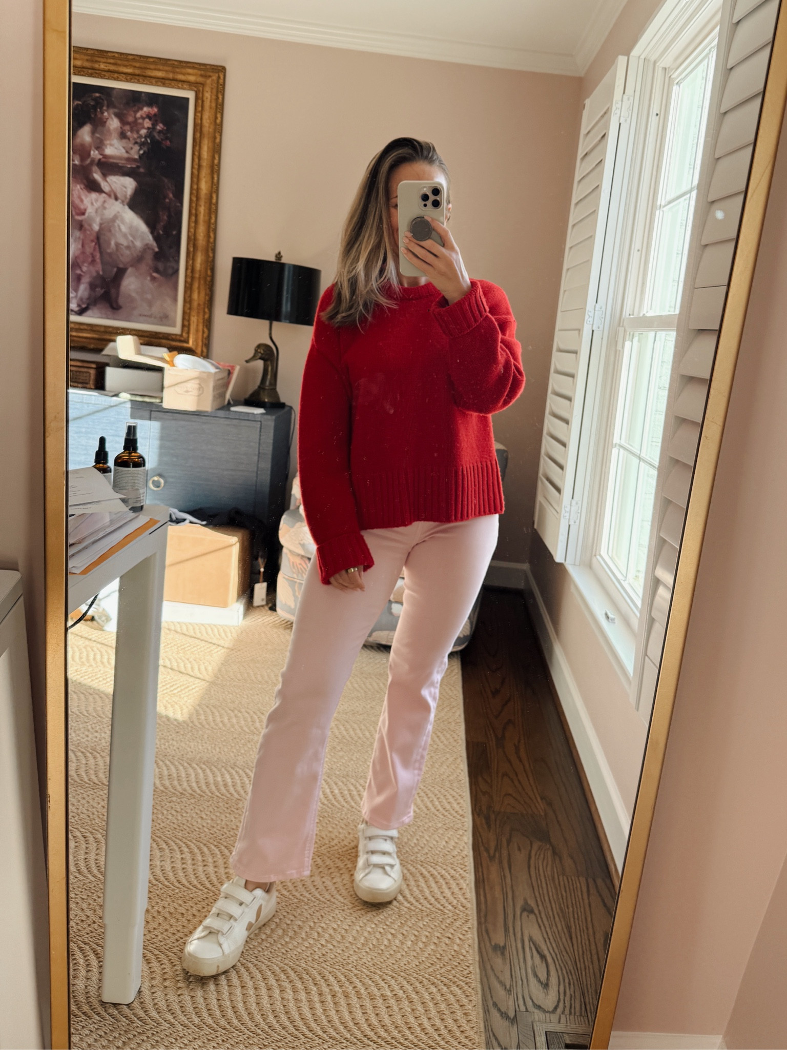 Pink jeans - TTS, wearing a 25. They have a little stretch 

Red sweater isn’t itchy! 

Vejas are TTS. 

The perfect winter outfit to spring outfit! 

 

#LTKOver40 #LTKSeasonal