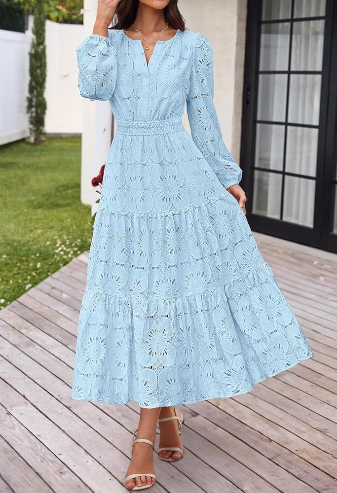 MEROKEETY Women's Fall Long Sleeve Floral Maxi Dress Lace Eyelet Hollow Out Tiered Boho Wedding G... | Amazon (US)