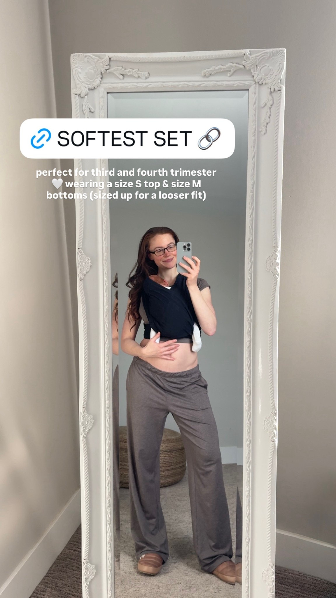 One of my go to postpartum “uniforms”. Feels less frumpy than a sweat set, but just as soft and comfy. 

Slippers are the same model, but a different color 🫶

Top: size S
Bottoms: size M for a looser fit