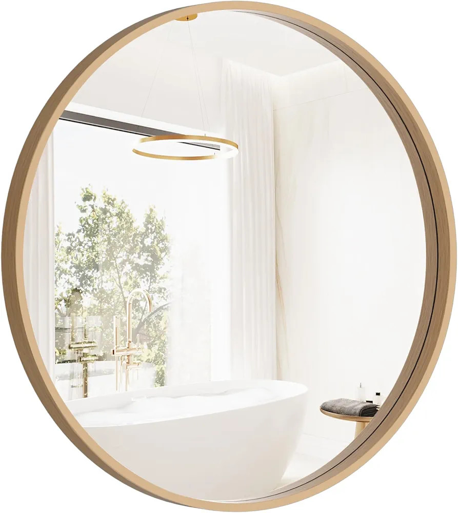 HOMECOOKIN Round Wood Mirror, 24" Round Bathroom Wall Mirror Circle Mirrors for Wall Decor, Vanit... | Amazon (US)