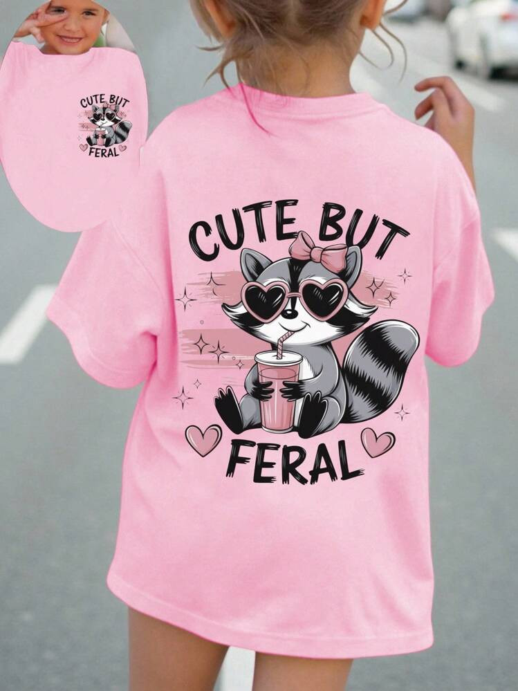 SHEIN Playful Pals Young Girl' Casual Cute Raccoon Heart & Letter Print Short Sleeve Round Neck T... | SHEIN