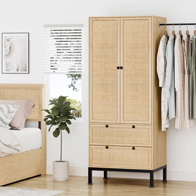 Brafab 74" Natural Rattan Wardrobe Armoire Closet with Hanging Rod Drawers and Adjustable Shelves, Tall Freestanding Wooden Closet for Bedroom | Target