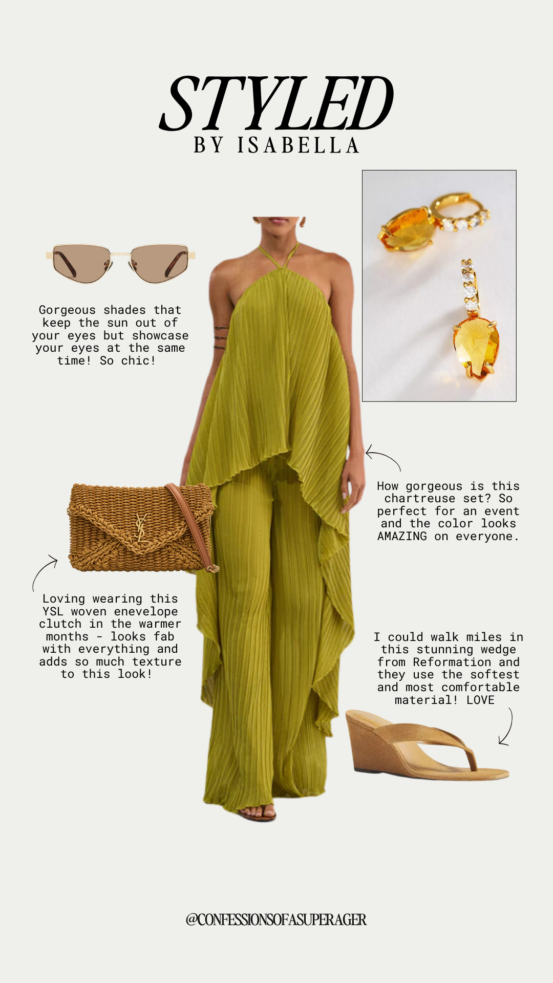 Make a statement in this season’s must-have chartreuse set—one of the biggest summer fashion trends! 💚 Paired with a woven YS-inspired clutch, comfortable wedge sandals, chic cat-eye sunglasses, and bold gold jewelry, this look is perfect for weddings, vacation nights, resort dinners, and any special summer event. Shop every piece linked and follow @confessionsofasuperager for more timeless, designer-inspired outfit ideas! ✨ #LTKStyle #LTKSummer #Chartreuse #MatchingSet #ResortWear #VacationStyle #WeddingGuestDress #SummerFashion #DesignerInspired #LuxuryStyle #WovenClutch #GoldJewelry #StatementStyle #VacationOutfit #EventStyle #SummerWedding #CapsuleWardrobe #FashionOver50 #TimelessStyle #LTKFashion

#LTKSeasonal #LTKOver40 #LTKSaleAlert