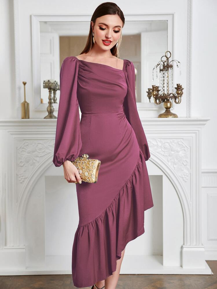 SHEIN Modely Asymmetrical Neck Lantern Sleeve Ruched Ruffle Hem Dress | SHEIN