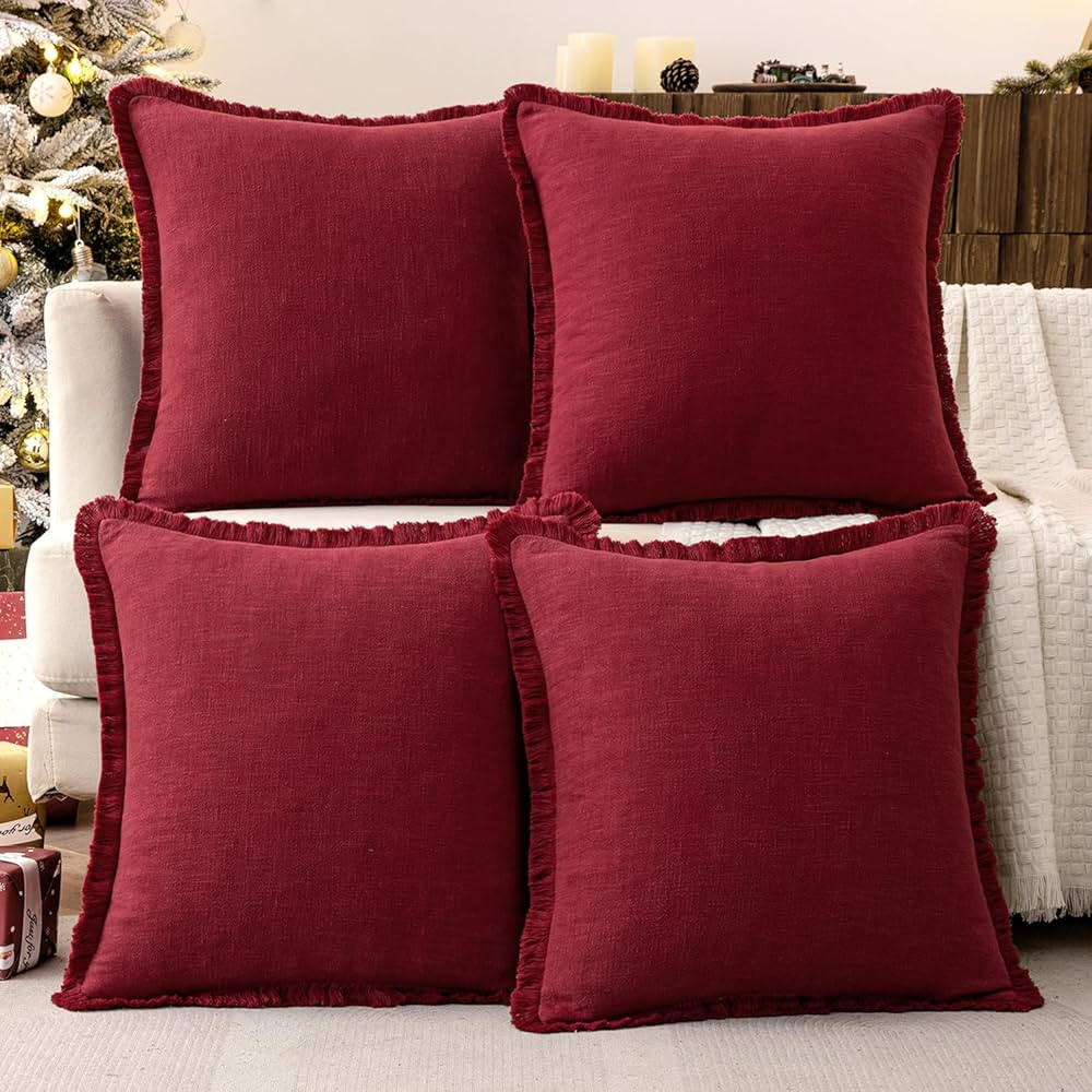 MIULEE Linen Pillow Covers 20x20 Inch Christmas Burgundy Red Decorative Throw Pillows with Fringe... | Amazon (US)