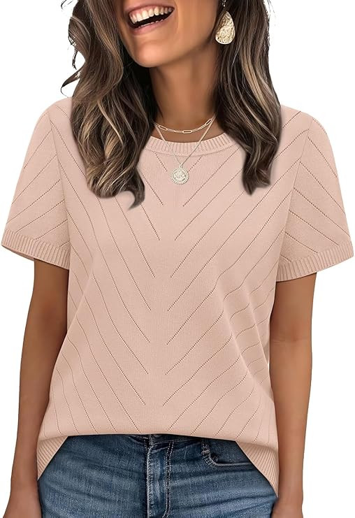 WIHOLL Short Sleeve Sweater for Women Trendy Summer Tops Crew Neck Business Casual Outfits 2026 | Amazon (US)