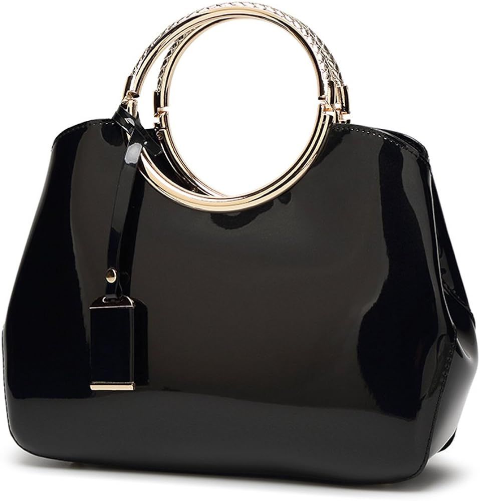 Charm Glossy Metal Grip Structured Shoulder Handbag Women Satchel | Amazon (US)