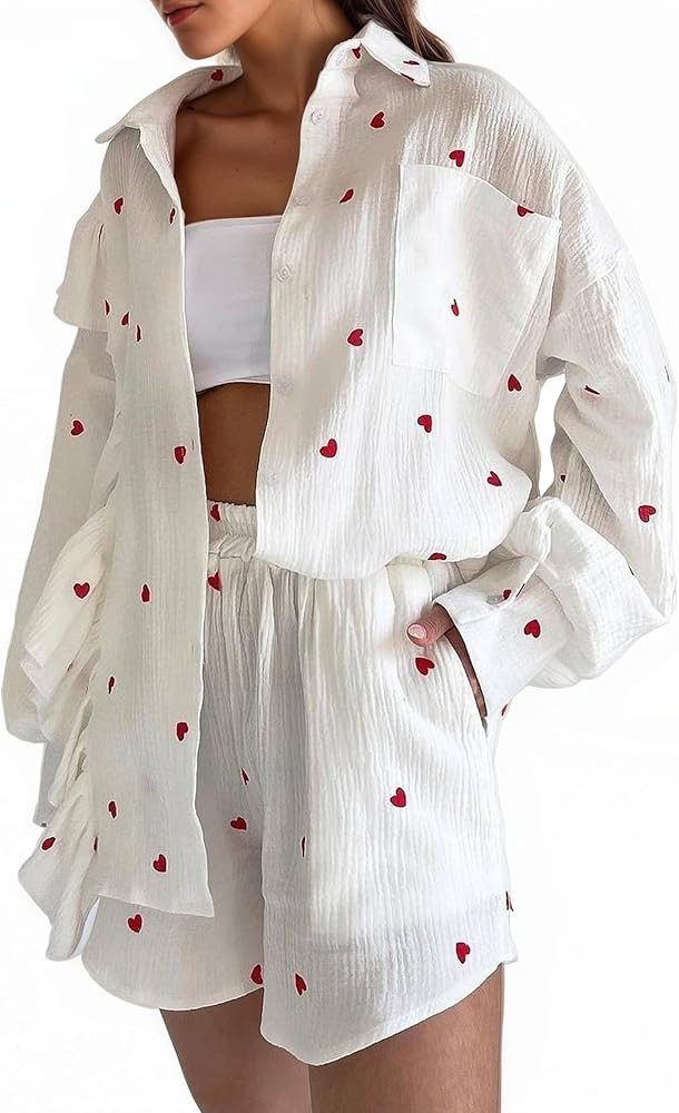 Matching Pj Set Women Pajamas Two Piece Heart Print Long Sleeve Ruffle Top Elastic Wide Leg Short... | Amazon (US)