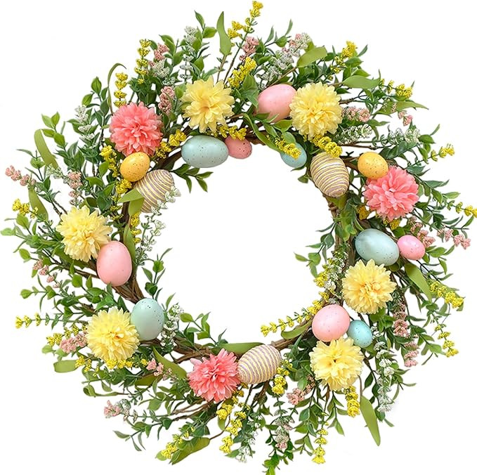 22 Inch Easter Egg Wreath for Front Door, Spring Egg Wreath with Dahlia Flowers for Indoor Outdoo... | Amazon (US)