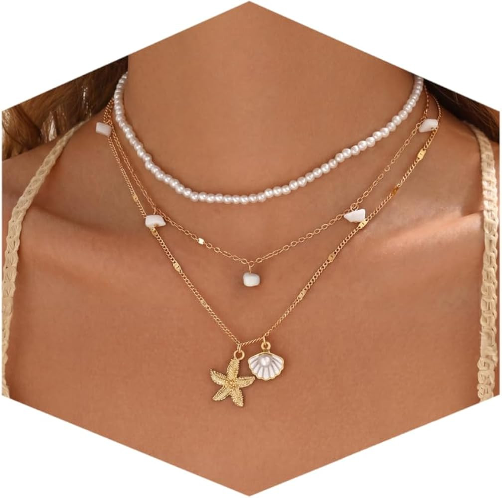 Shell Starfish Necklace for Women, Gold Plated Layered Pendant Necklace with Pearl Conch Charms, ... | Amazon (US)