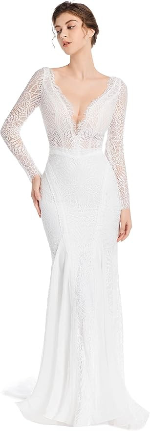 Mermaid Wedding Dresses for Bride Classy lace Boho Long Sleeve Open Back Bohemian Wedding Gowns | Amazon (US)