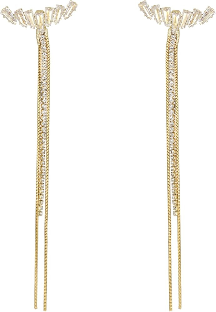 JeanBeau Long Tassel Chain Earrings for Women - Crystal Rhinestone Zircon Strand Bridal Chandelier F | Amazon (US)