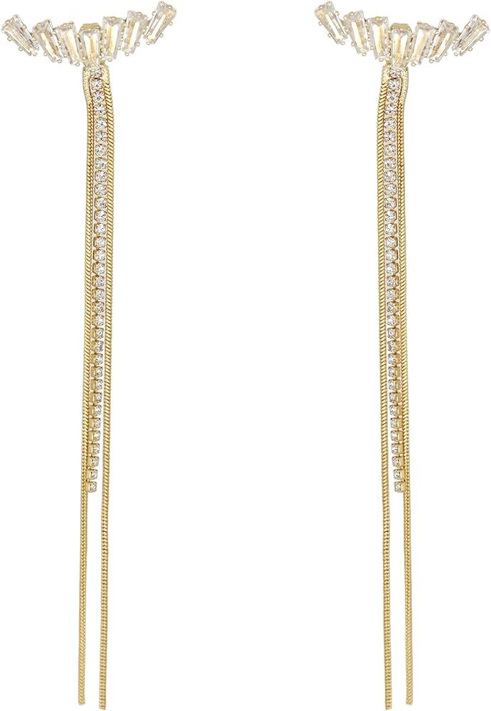 JeanBeau Long Tassel Chain Earrings for Women - Crystal Rhinestone Zircon Strand Bridal Chandelier F | Amazon (US)