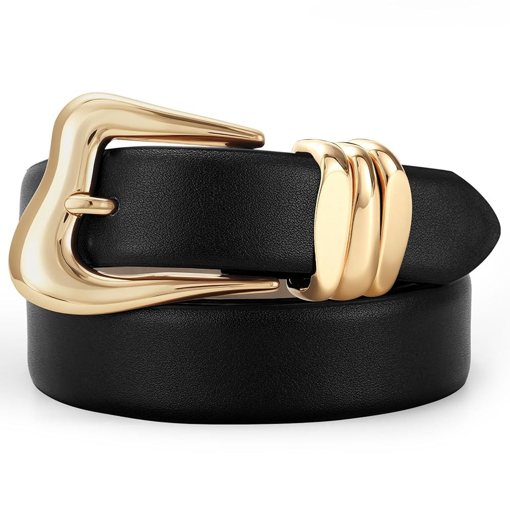 Women Leather Belt with Gold Buckle Fashion Ladies Leather Waist Belt for Jeans Pants | Amazon (US)