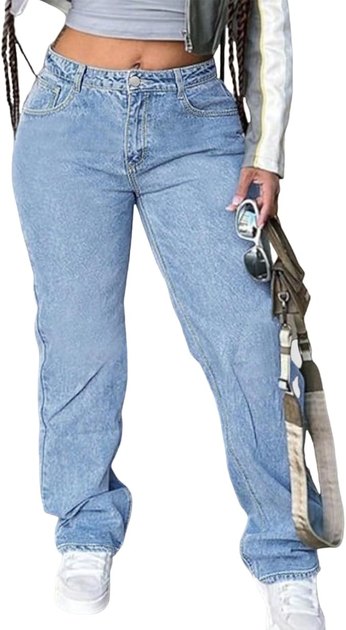 Women's Mid Waisted Straight Wide Leg Jeans Loose Fit Boyfriend Tummy Control Trendy Denim Pants ... | Amazon (US)
