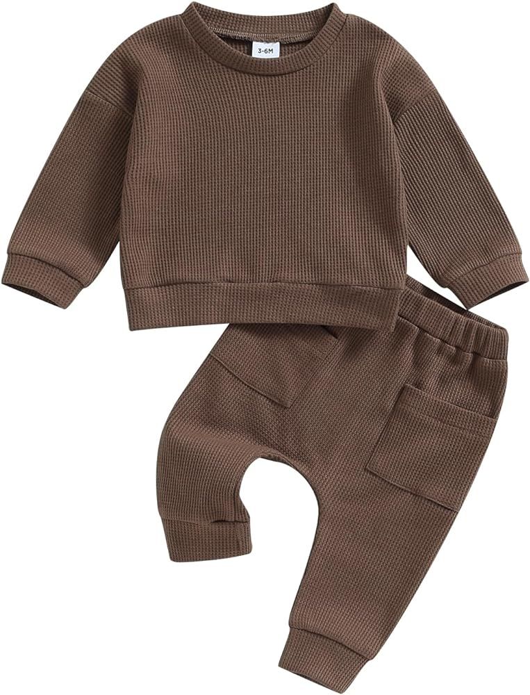 Infant Baby Waffle Fall Outfits Solid Color Long Sleeve Sweatshirt Tops Pants Set Winter Clothes ... | Amazon (US)