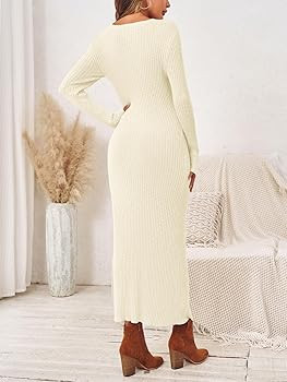 Wenrine Womens Sweater Maxi Dress Long Sleeve Knit Ribbed Crew Neck Slim Fit Casaul Fall Long Dre... | Amazon (US)