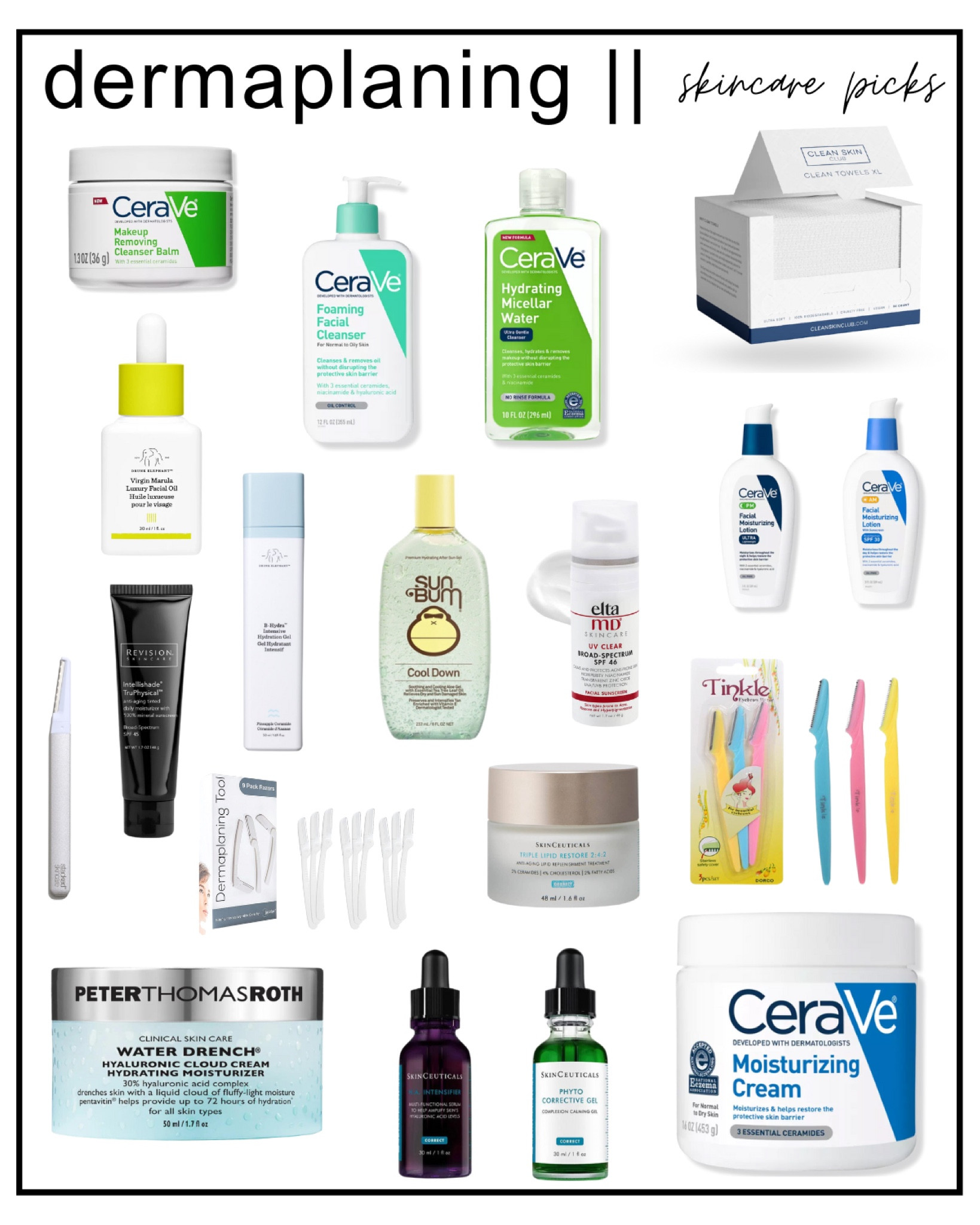 I dermaplane at home once per month using a combination of these products. Lately, I’ve been back to the CeraVe basics + using the Sun Bum aloe and Drunk Elephant Hyaluronic Serum post-treatment! 

#LTKunder50 #LTKunder100 #LTKbeauty