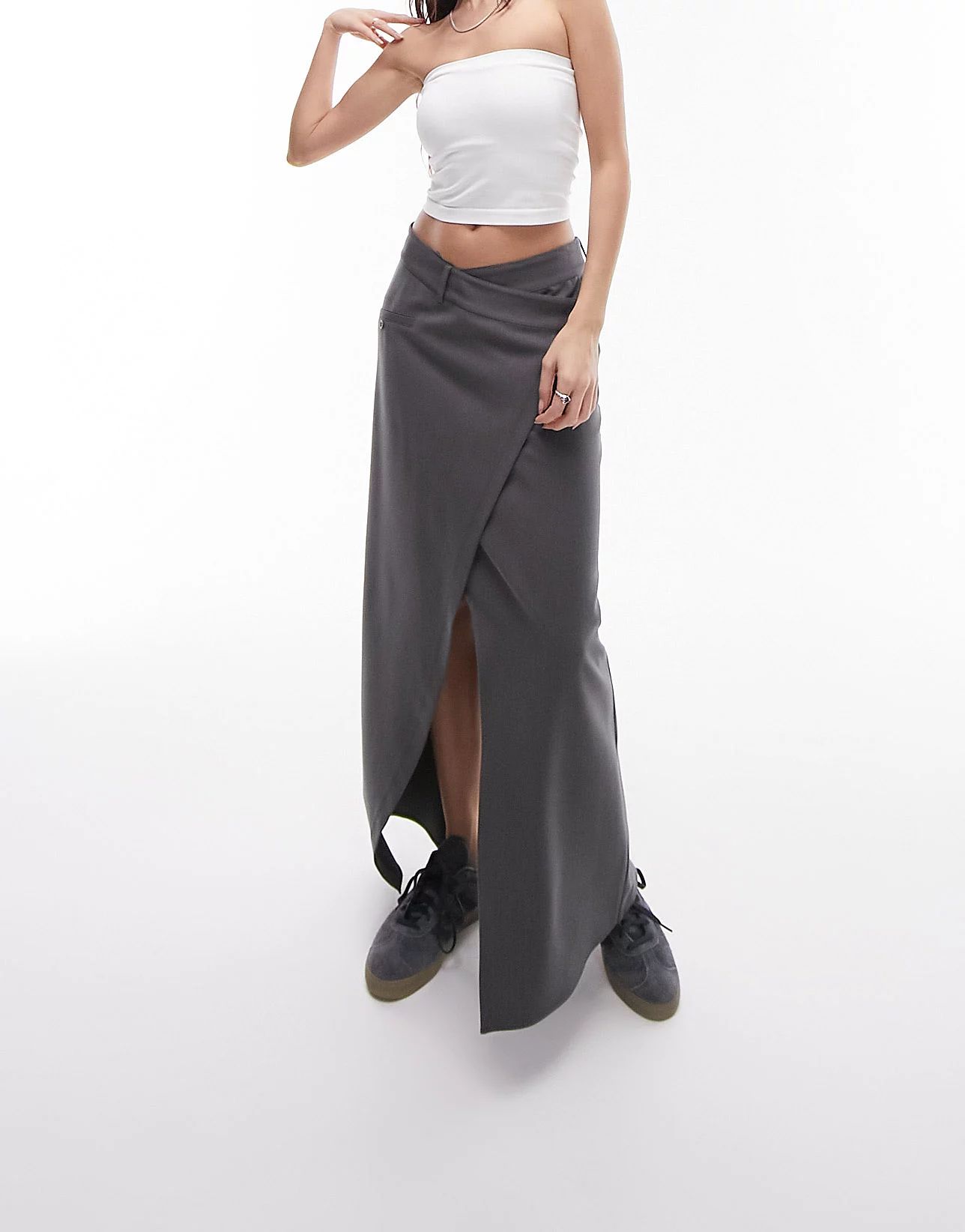 Topshop tailored cross over maxi skirt in grey | ASOS (Global)