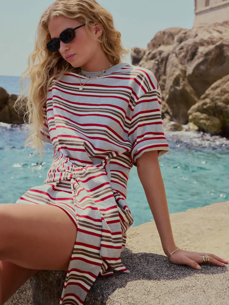 Red/Grey Stripe Cotton Blend Tie Waist Jersey T-Shirt Mini Dress | Next US