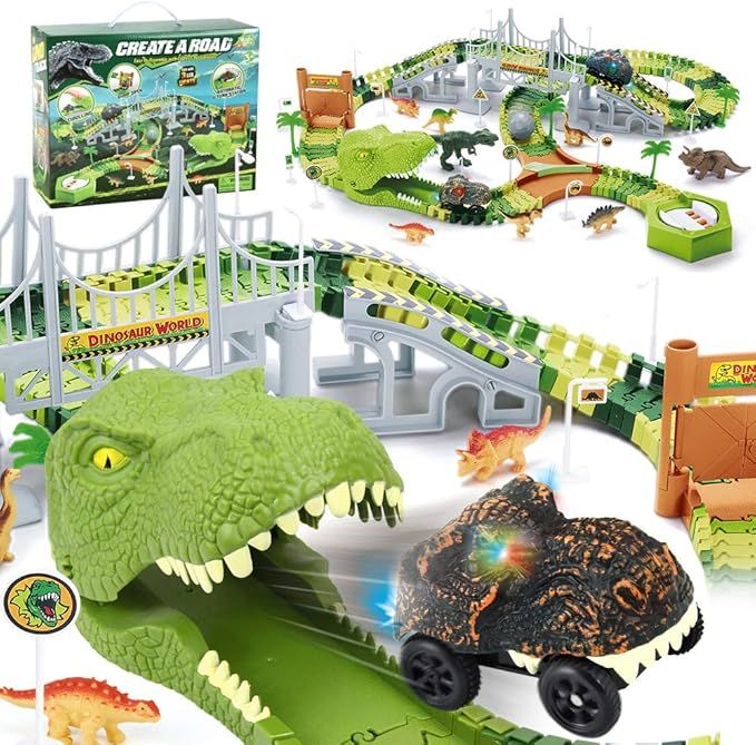 Dinosaur Toys Race Track, 144pcs Flexible Track with 2 Dino Cars, Create a Dinosaur World Road Ra... | Amazon (US)