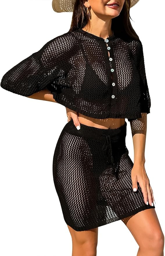 Pink Queen 2 Piece Crochet Swimsuit Cover Ups for Women Hollow Out Knitted Bathing Suit Coverup B... | Amazon (US)