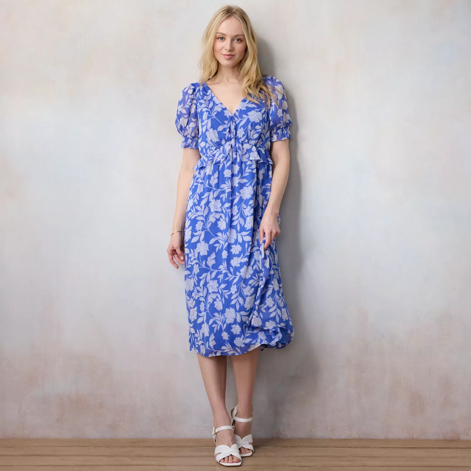 Women's LC Lauren Conrad Floral Print Pleated Empire Waist Chiffon V-Neck Midi Dress | Kohl's