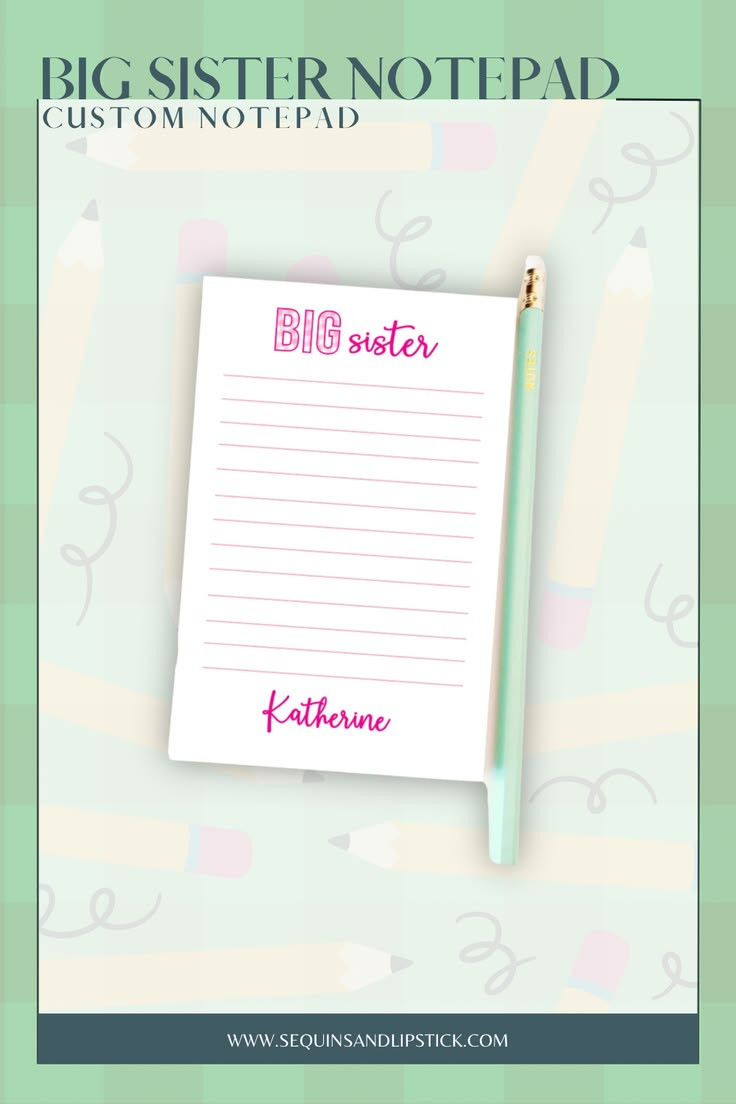 Looking for the sweetest big sister gift idea? 💕✨ This custom “Big Sister” notepad is the perfect way to celebrate her new role! Personalize it with her name for an extra special touch she’ll love.
Perfect for note taking, doodling, school lists, to-do lists, or writing little reminders — this personalized big sister notepad makes a thoughtful pregnancy announcement gift or sibling surprise 🎀📝
It’s cute, practical, and a keepsake she can actually use! 

 #LTKmomlife #LTKBaby #LTKKids