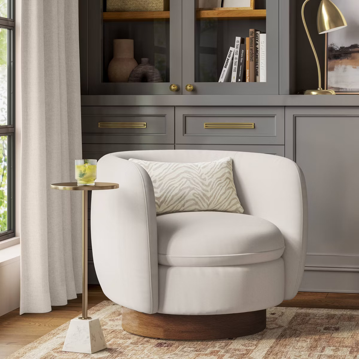 Upholstered Barrel Swivel Accent chair with Wood Base Cream -Threshold™ | Target