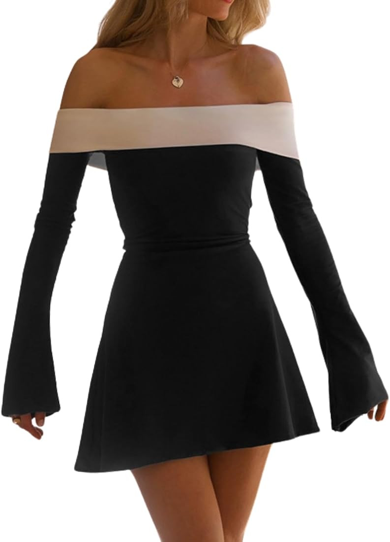 Women Sexy Off Shoulder Color Block Mini Dress Long Sleeve A-Line Slim Fit Patchwork Contrast Sho... | Amazon (US)