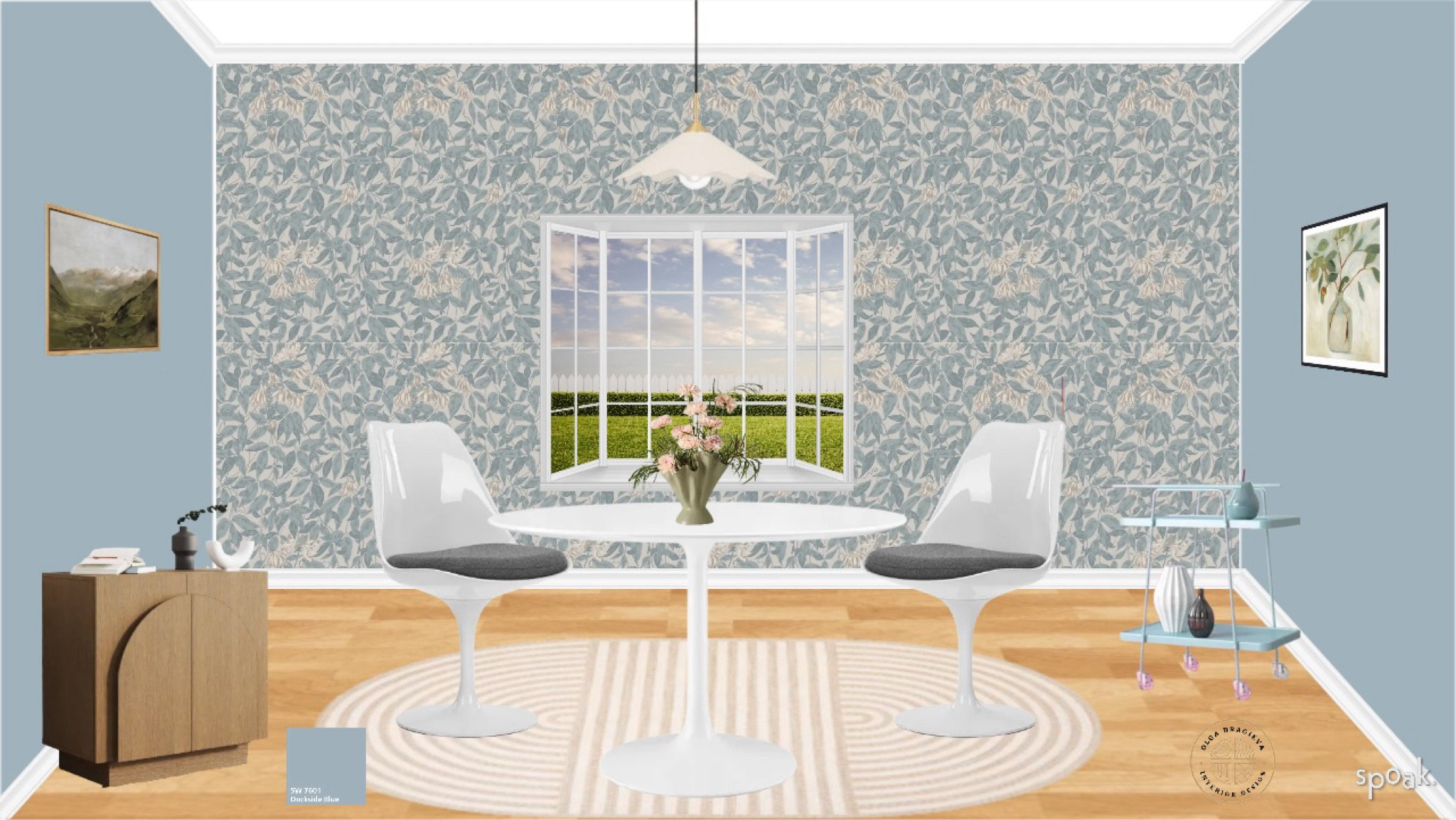 Lovely dining room with Saarinen style dining table and tulip style dining chairs, oblong rug, blue bar cart, wavy pendant light and floral wallpaper. Moodboard | interior design | dining room | dining room furniture | wallpaper | wall art 

#LTKFamily #LTKHome #LTKSeasonal