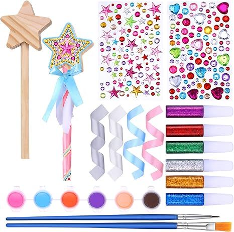 BBTO 24 Pieces Make Your Own Princess Wand Kit Include 2 Wooden Star Wands, 2 Dowels, 4 Satin Rib... | Amazon (US)
