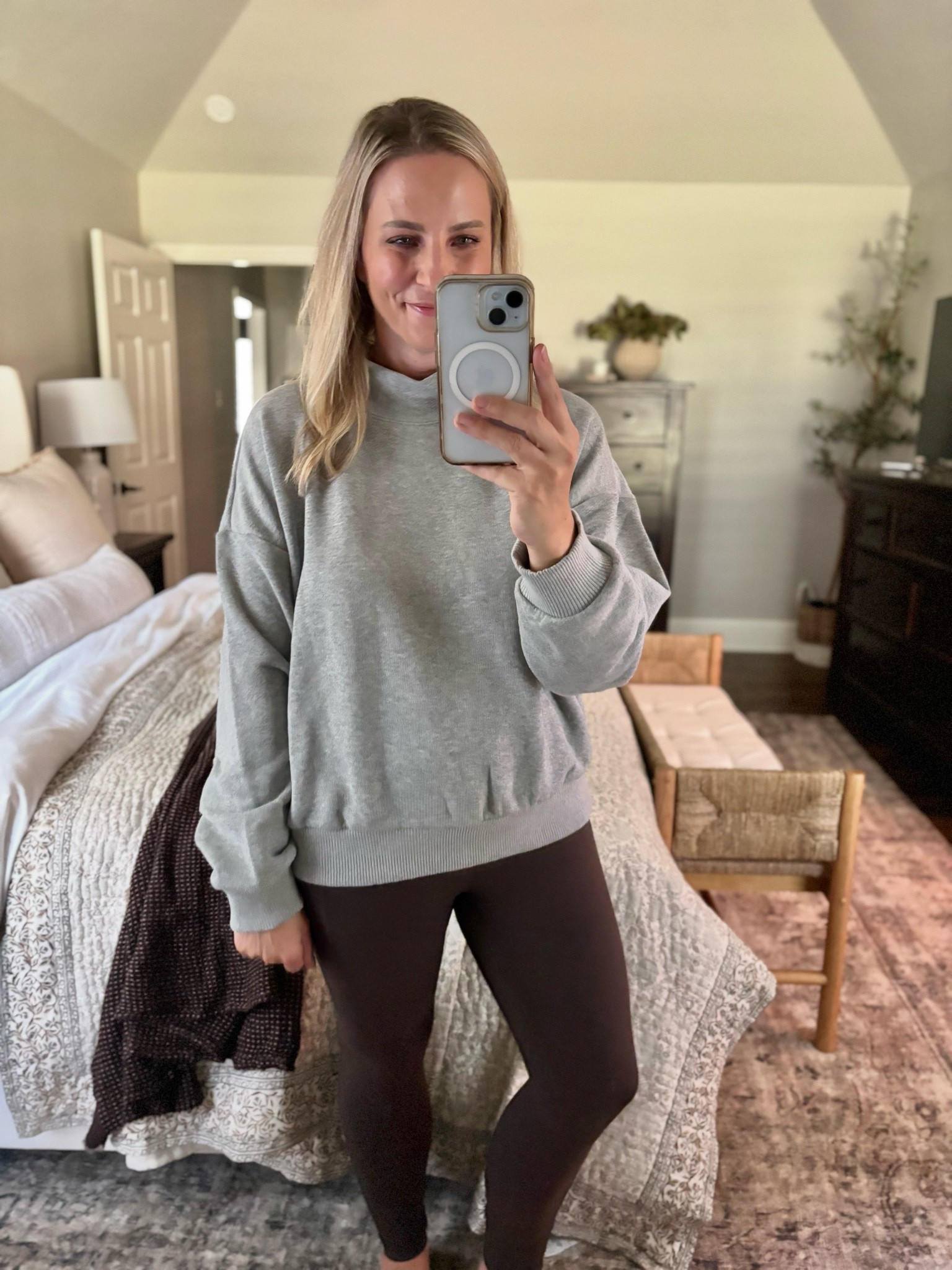 Loving these pretty brown leggings from @Target!  So soft and has pockets!  And this mockneck pullover is so good!  Perfectly oversized and cozy!  Wearing a M in the leggings and a S in the sweatshirt.