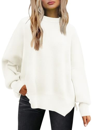 LILLUSORY Women's Oversized Batwing Sweaters 2025 Fall Outfits Trendy Crewneck Knit Side Slit Fashion Pullover Tops White XXL | Amazon (US)