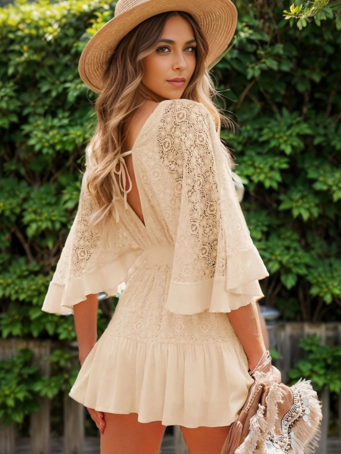 Casual Chic Boutique Lace Cutout Half Sleeve Mini Dress | Shop name | Cream / S | Casual Chic Boutique