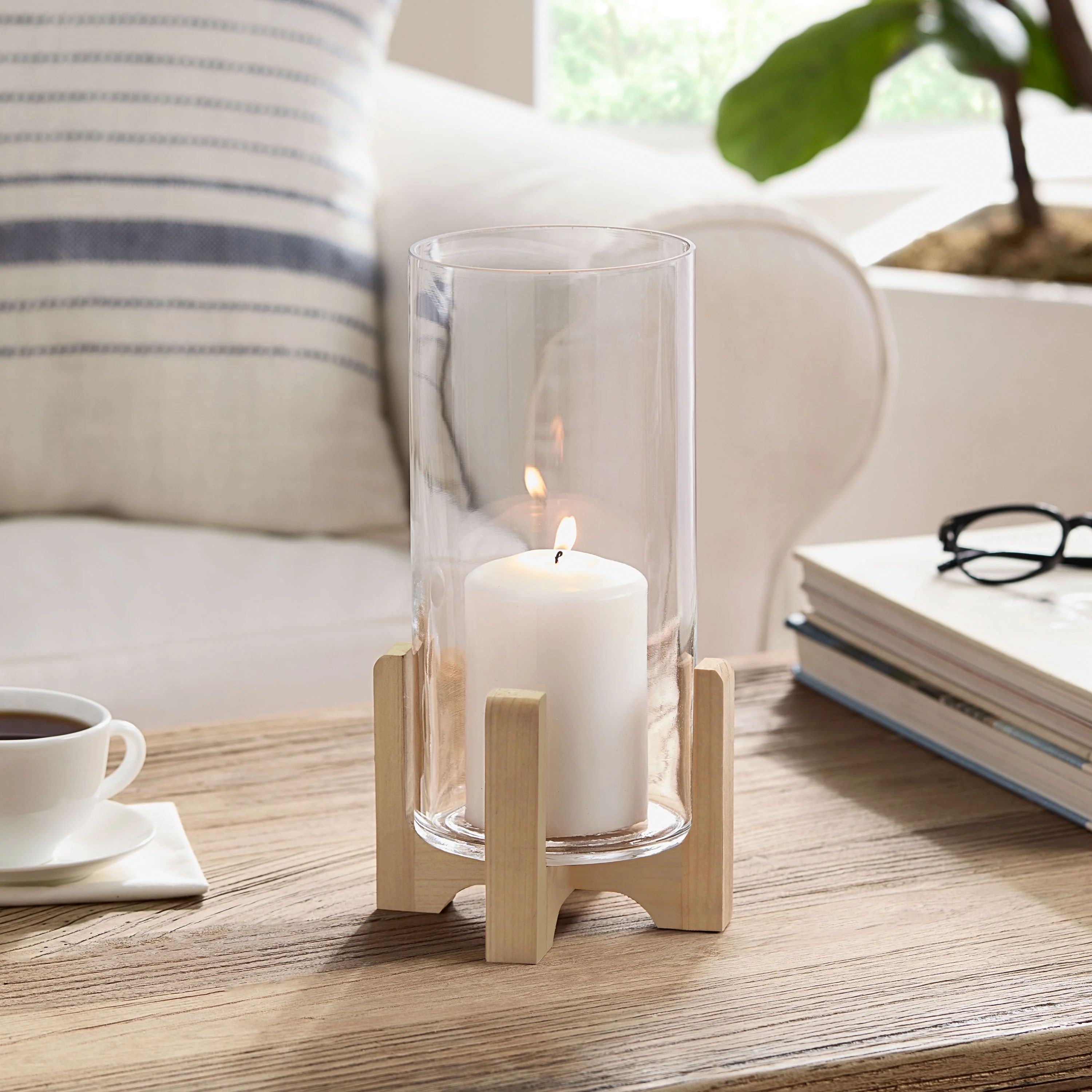 Better Homes & Gardens 11.5" Glass Hurricane Pillar Candle Holder on Wood Stand - Walmart.com | Walmart (US)