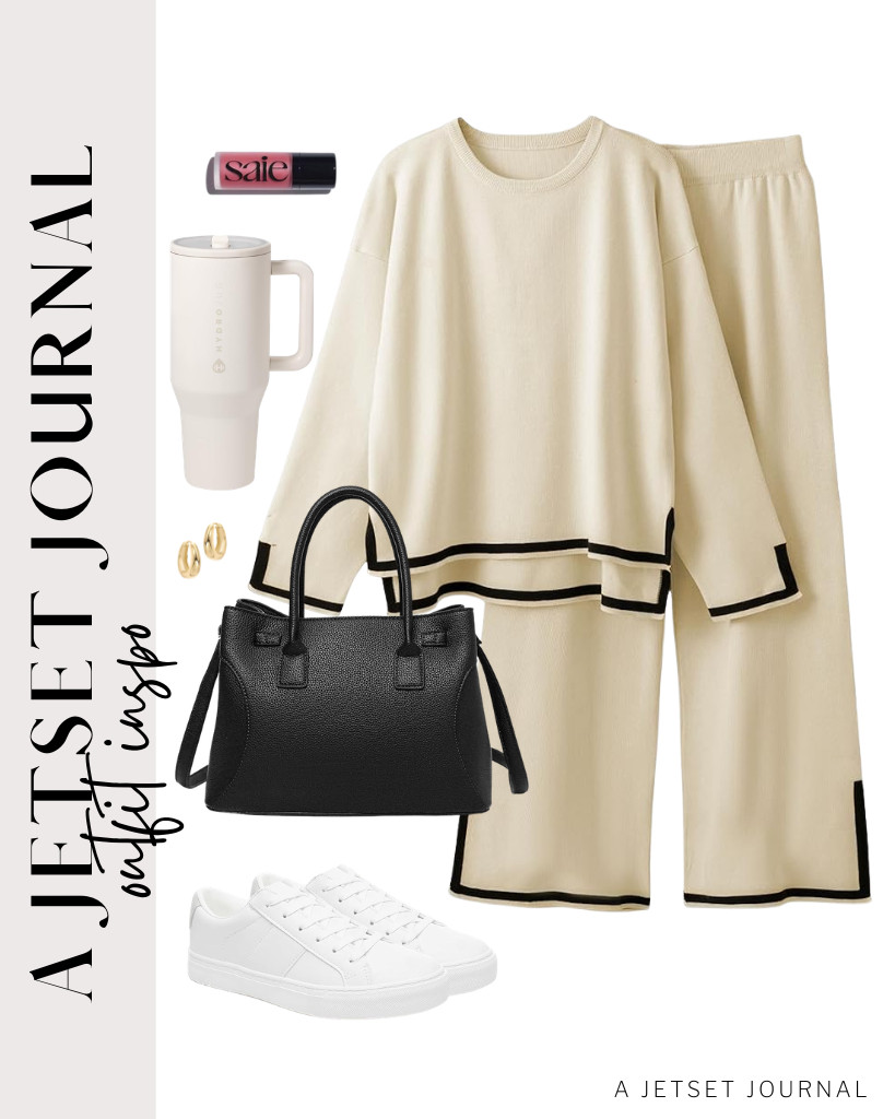 Pair this comfy apricot-colored set with white sneakers, which includes a crewneck top and flowy trousers. You'll love the black hem detail on both the top and the pants, as the color matches perfectly with the top-handle satchel bag from Eslcorri. Consider adding the Saie Dew Liquid Blush to your makeup routine for an extra touch! 

 #LTKSeasonal #LTKSaleAlert #LTKTravel