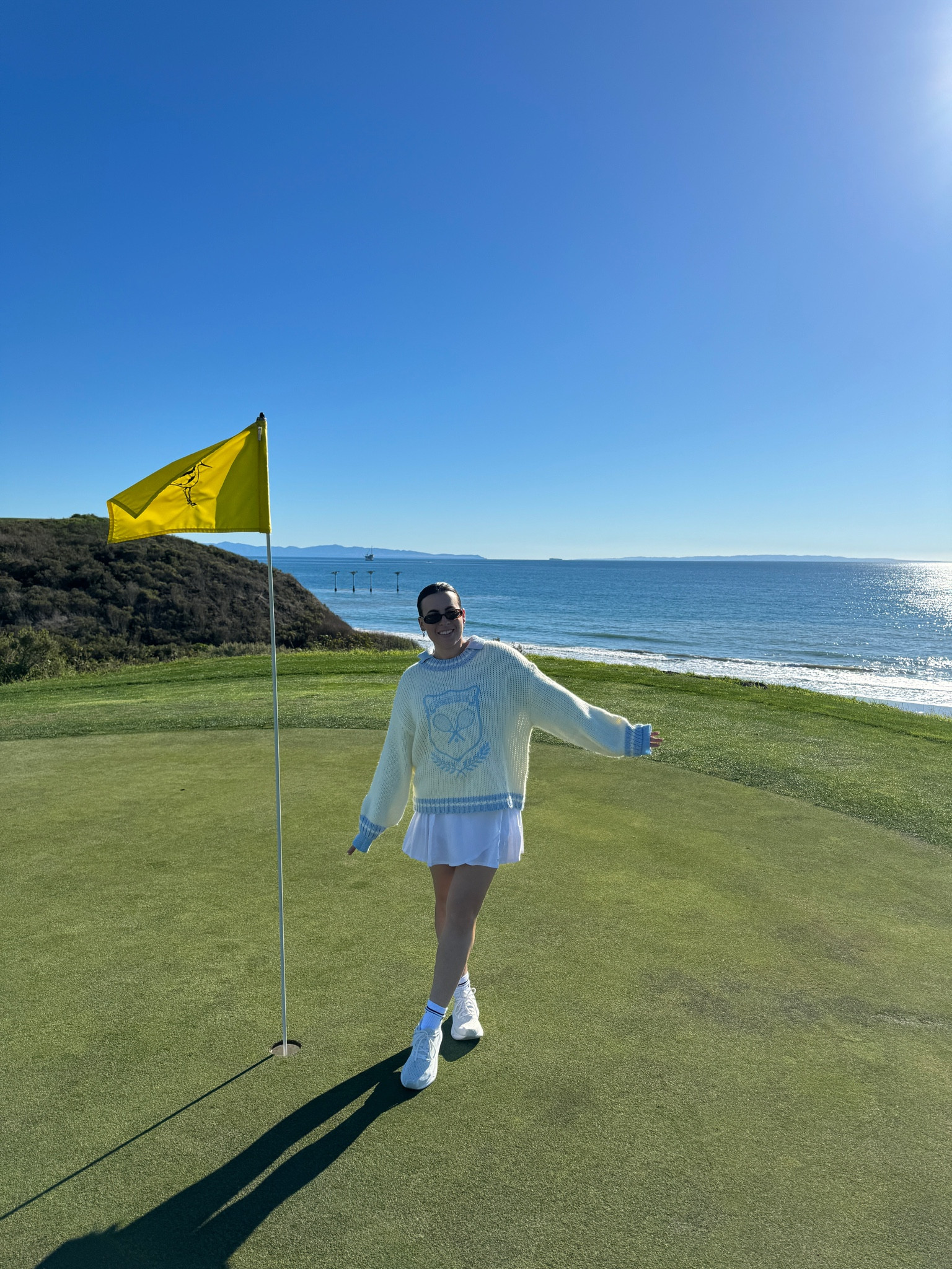 Gold wife outfit in Santa Barbara 🩵 love this sweater from Petal and Pup! Wearing a size Medium 