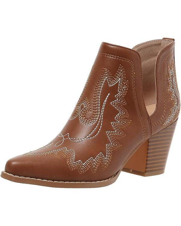 SelRoys Women's Cowboy Boots Cowgirl Ankle Pointed Toe Chunky Heel Cutout | Western style,embroid... | Amazon (US)
