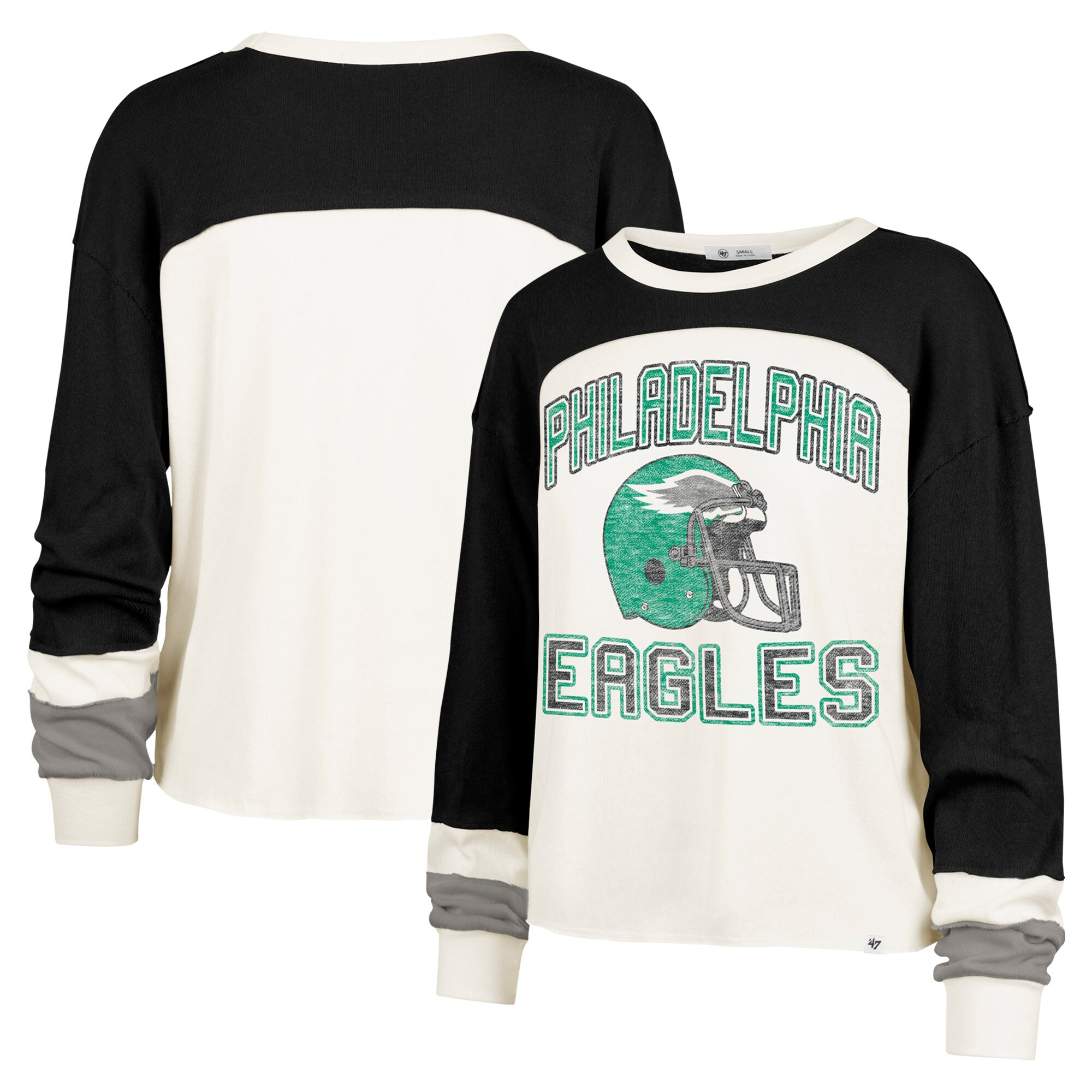 Women's Philadelphia Eagles '47 Cream Double Header Curve Raglan Long Sleeve Crop Top | NFL Shop