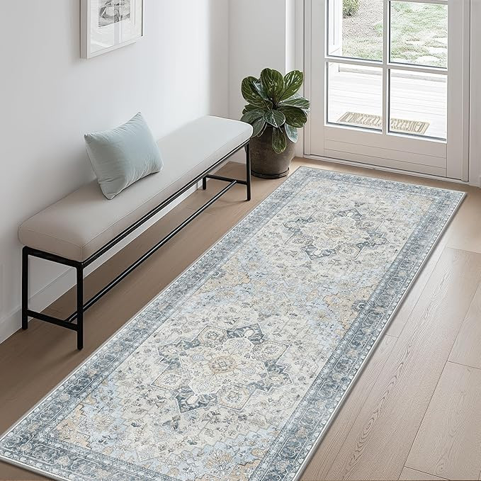 Runner Rug 2x5 Machine Washable Vintage Distressed Print Blue Floral Medallion Accent Bedroom Liv... | Amazon (US)
