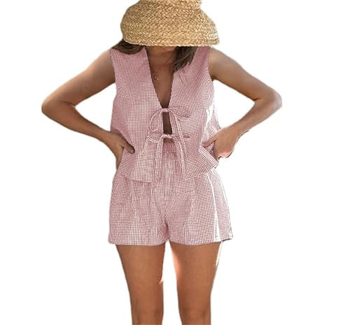 Women Casual Summer Lounge Set Y2k 2 Piece Outfits Set Sleeveless Tie Front Tank Top Vest Boxer Shorts Pj Set (Pink, M) | Amazon (US)