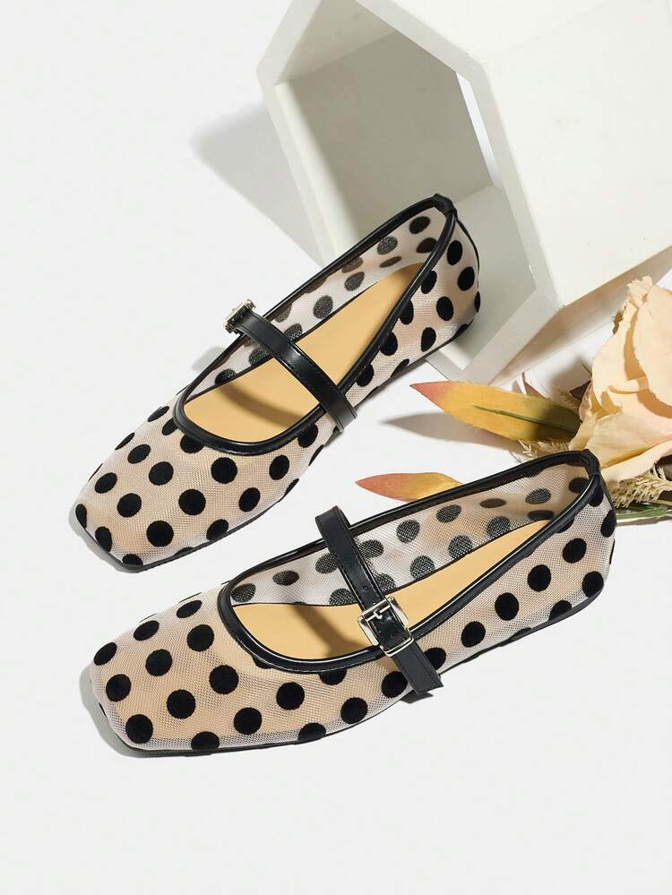 Plus Size Square Toe Apricot Polka Dot Mary Jane Shoes For Women, 2026 New Summer Versatile Strap Hollow Mesh Breathable Low Heel Casual Outdoor Walking Comfortable Shoes For Wide Feet | SHEIN