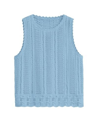 KIRUNDO Beach Cover Ups for Women 2025 Summer Crochet Knit Sweater Vest Mesh Hollow Out Crop Sleeveless Shirts Swimsuit(Sky Blue, XX-Large) | Amazon (US)