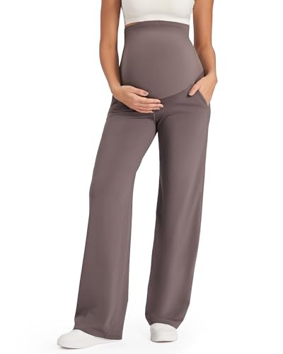 G4Free Women's Maternity Pants for Work Over-Bump Pregnancy Casual Stretchy Straight Yoga Pants with Pockets(Taupe,M,32") | Amazon (US)