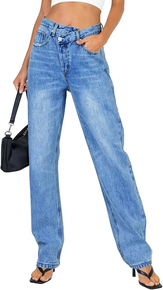 PLNOTME Women's Low Waisted Jeans Trendy Straight Leg Boyfriend Crossover Casual Denim Pants | Amazon (US)