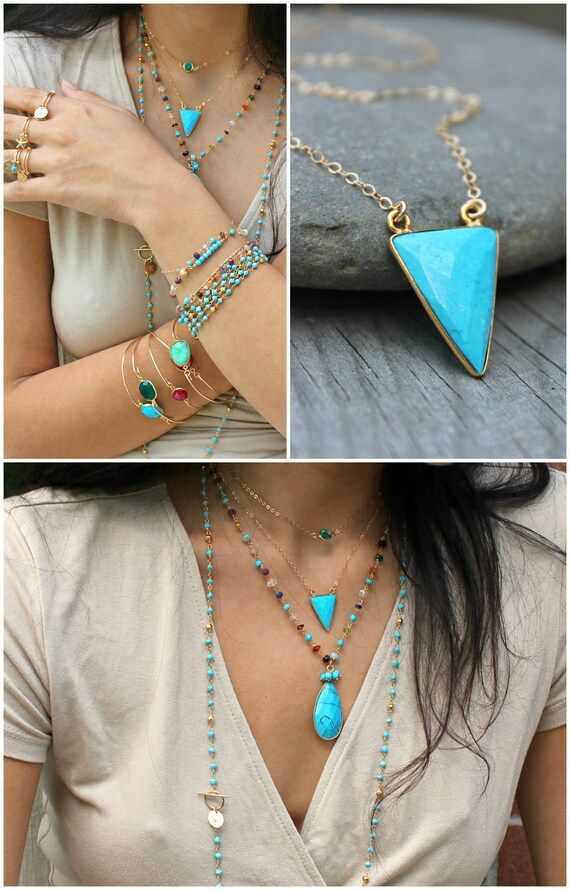 Boho Chic Turquoise necklace, triangle necklace, 14k gold filled, genuine turquoise, Bohemian Gyp... | Etsy (US)