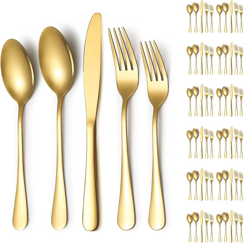 Silverware Set 60 Pieces Service for 12, ReaNea Gold Flatware Set, Titanium Plating Cutlery Set I... | Amazon (US)