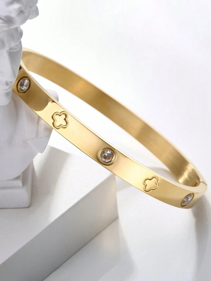 1pc Titanium Steel Bangle, Mirror Polished, Vacuum Plated, Not Easy To Fade, Lucky Four Leaf Clover With Rhinestone, Fashionable Classic Style, Suitable For Daily Wear Valentines | SHEIN