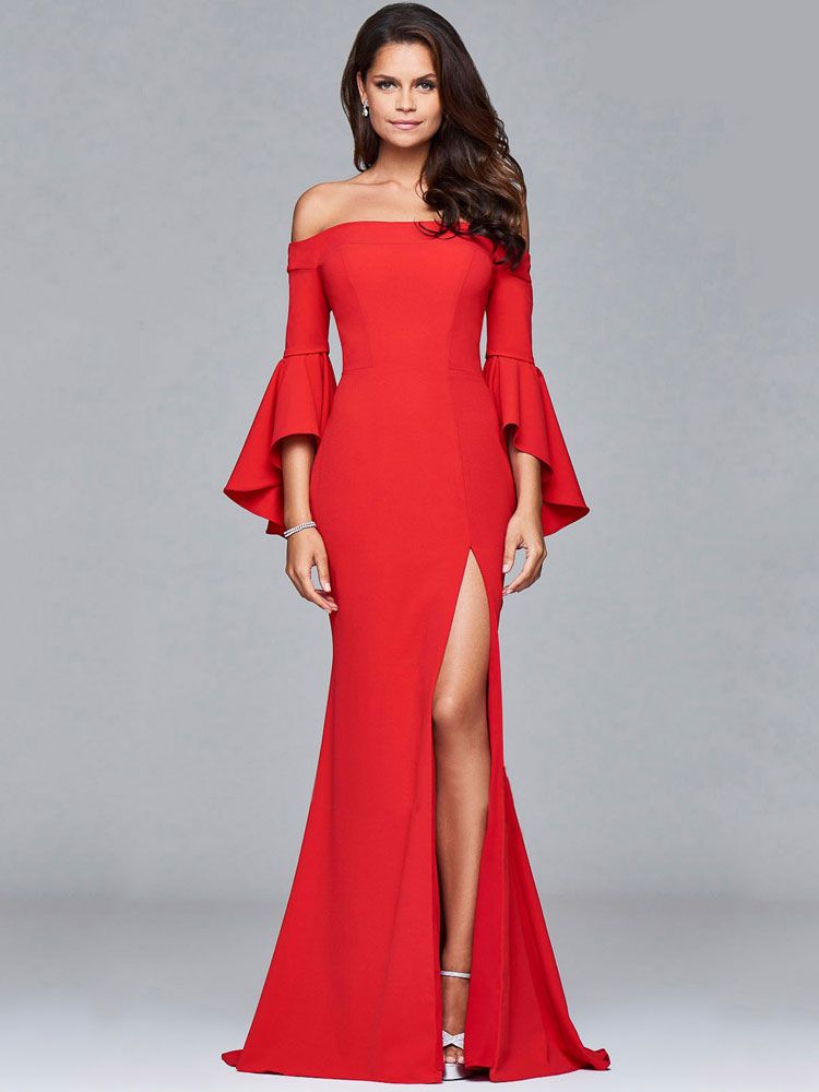 Red Maxi Dress Sexy Off The Shoulder Bell 3/4 Length Sleeve Slim Fit Slit Long Dress | Milanoo